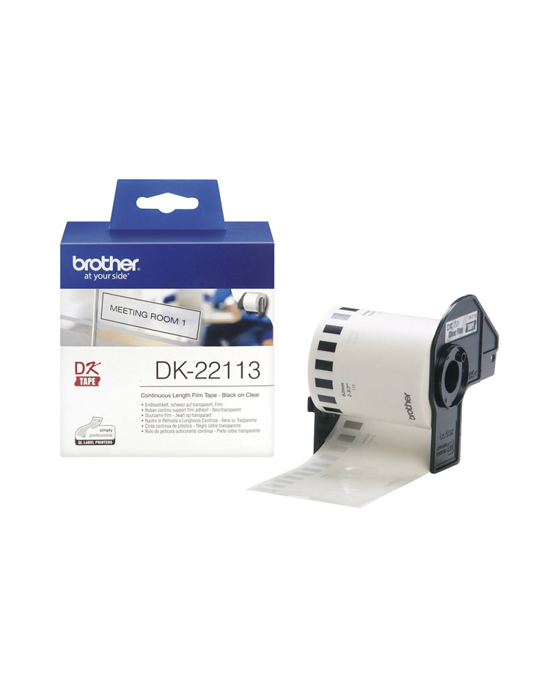 Brother DK-22113 Continuous Film Label Roll – Black on Clear, 62mm (DK22113) (BRODK22113)
