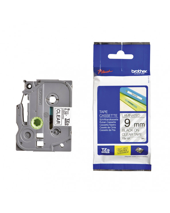 Brother TZe-121 Labelling Tape Cassette – Black on Clear, 9mm wide (TZE121) (BROTZE121)