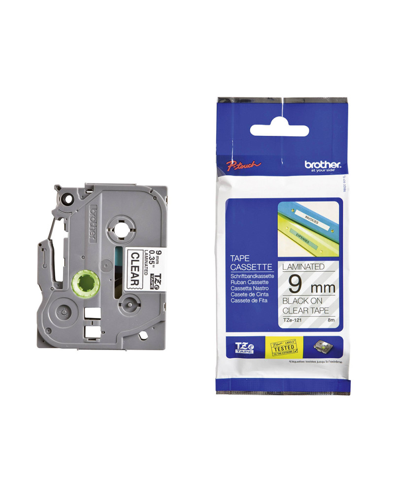 Brother TZe-121 Labelling Tape Cassette – Black on Clear, 9mm wide (TZE121) (BROTZE121)