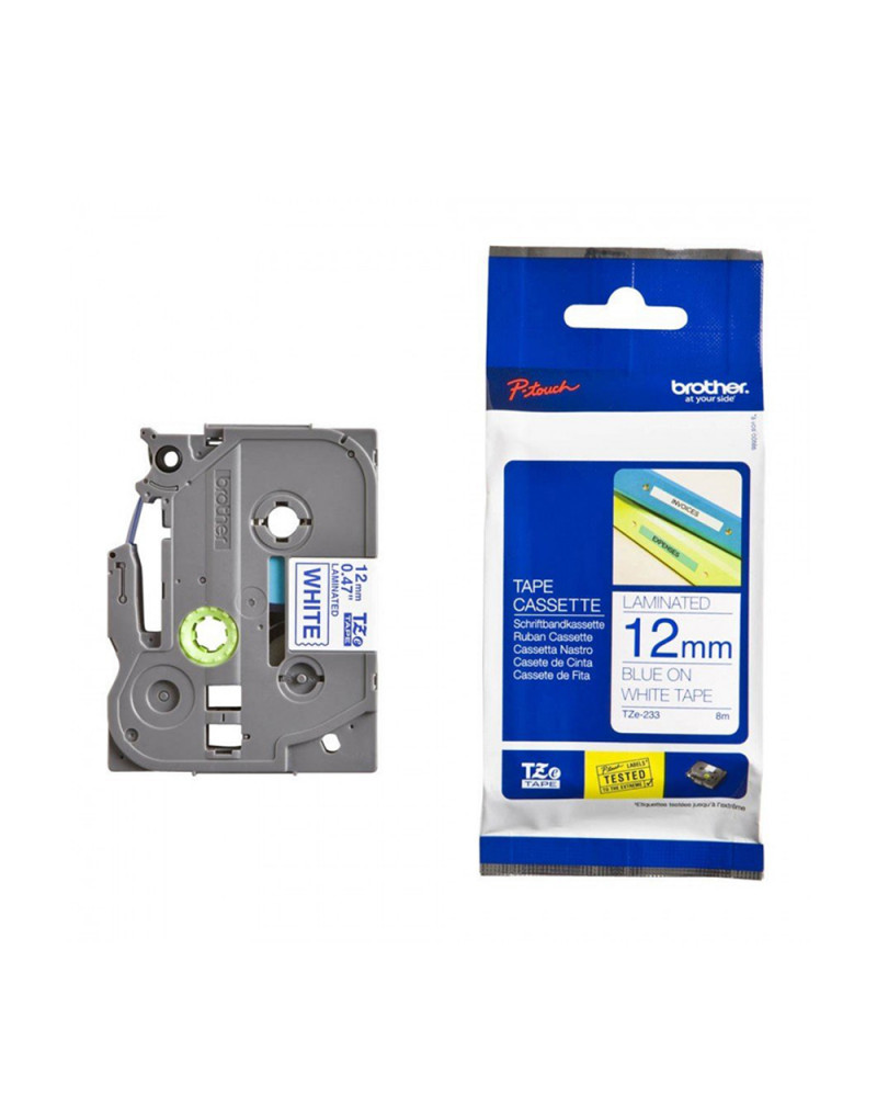 Brother TZe-233 Labelling Tape Cassette – Blue on White, 12mm wide (TZE233) (BROTZE233)