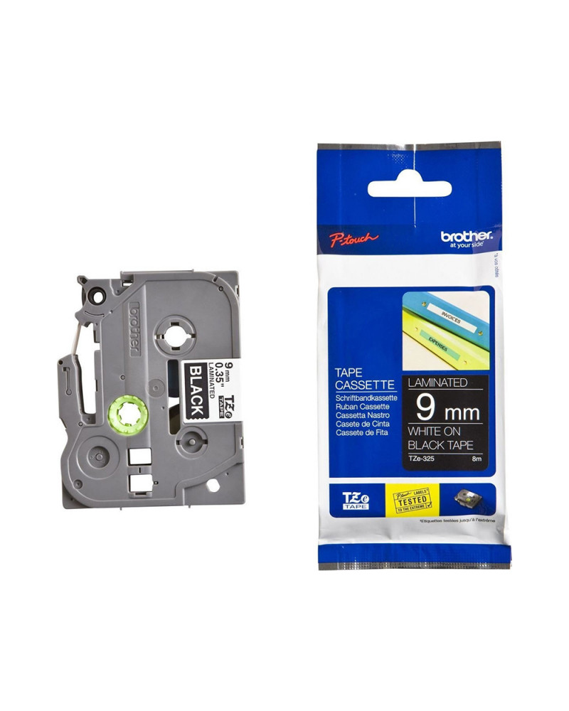 Brother TZe-325 Labelling Tape Cassette – White on Black, 9mm wide (TZE325) (BROTZE325)