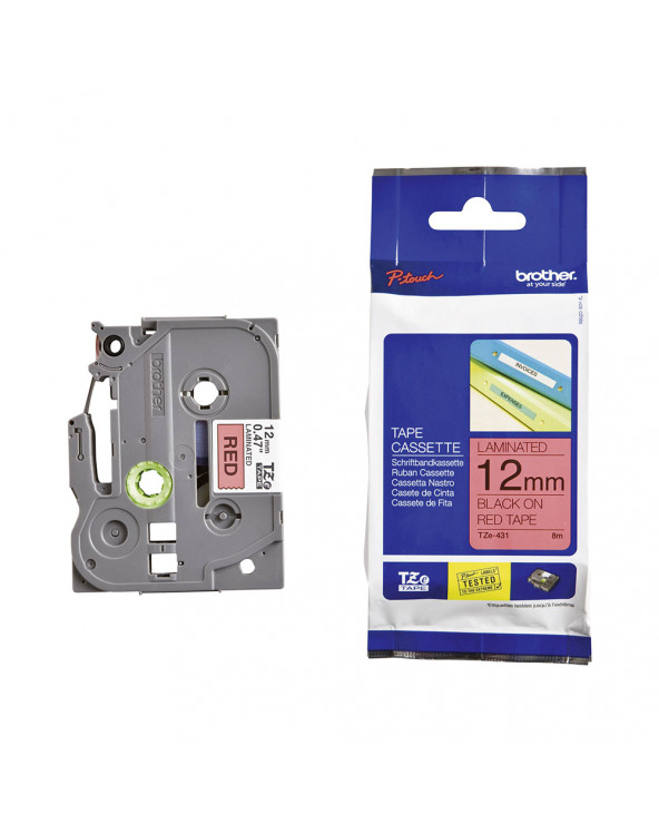 Brother TZe-431 Labelling Tape Cassette – Black on Red, 12mm wide (TZE431) (BROTZE431)