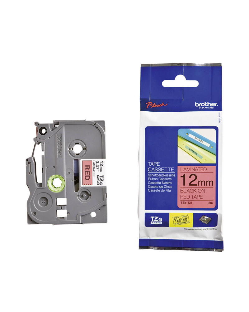 Brother TZe-431 Labelling Tape Cassette – Black on Red, 12mm wide (TZE431) (BROTZE431)