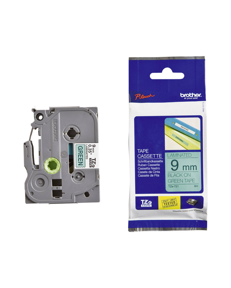 Brother TZe-721 Labelling Tape Cassette – Black on Green, 9mm wide (TZE721) (BROTZE721)