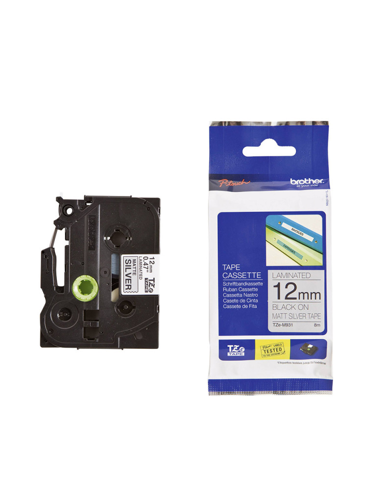 Brother P-Touch Laminated Black on Mat Silver 8m x 12mm (TZEM931) (BROTZEM931)