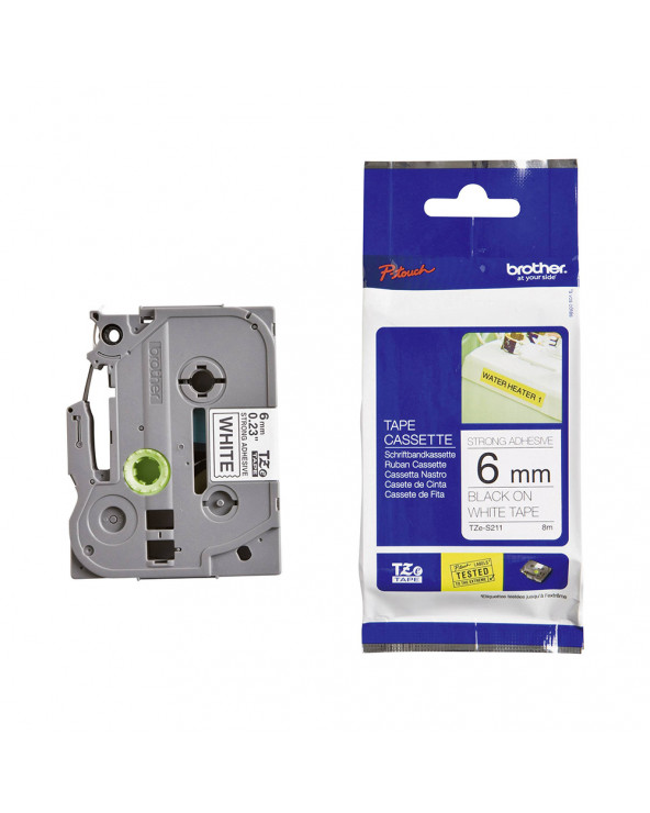 Brother TZe-S211 Labelling Tape Cassette – Black on White Strong Adhesive, 6mm wide (TZES211) (BROTZES211)