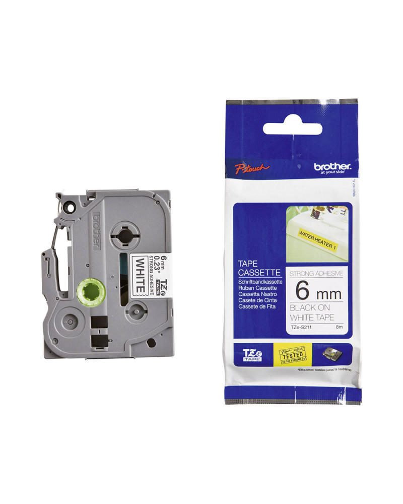 Brother TZe-S211 Labelling Tape Cassette – Black on White Strong Adhesive, 6mm wide (TZES211) (BROTZES211)
