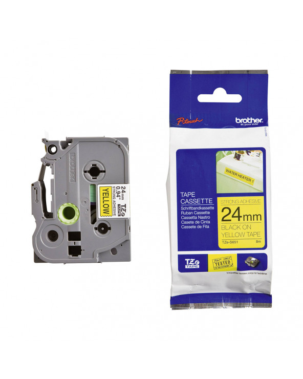 Brother TZE-S651 Labelling Tape Cassette – Black on Yellow Strong Adhesive, 24mm wide (TZES651) (BROTZES651)