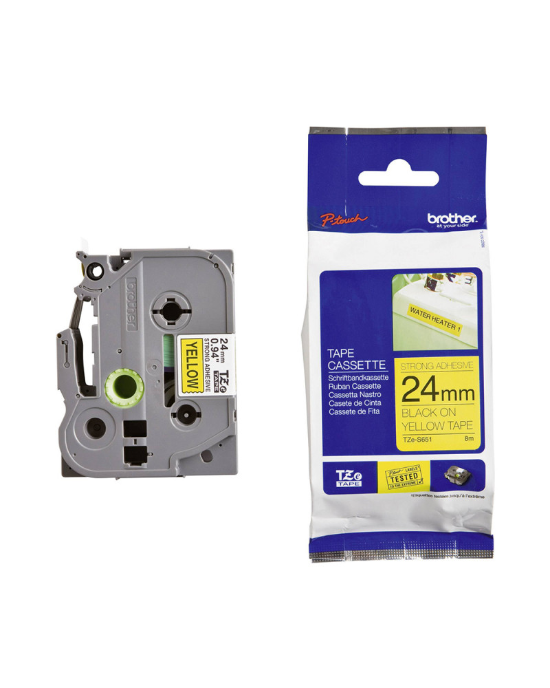 Brother TZE-S651 Labelling Tape Cassette – Black on Yellow Strong Adhesive, 24mm wide (TZES651) (BROTZES651)