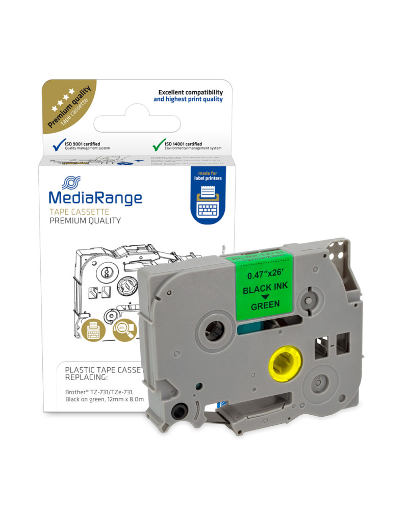 Πλαστική Ταινία Ετικετογράφου MediaRange (Brother TZ-731/TZe-731) 12 mm x 8 m (Μαύρα Γράμματα σε Πράσινο Φόντο) (MRBTZ731)
